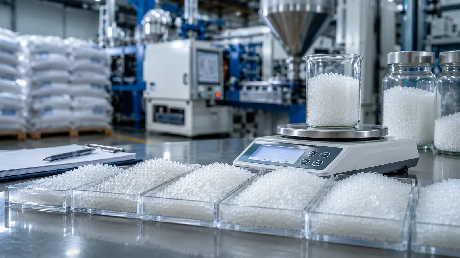 Precio del polipropileno por kilo con muestras de pellet PP en laboratorio industrial