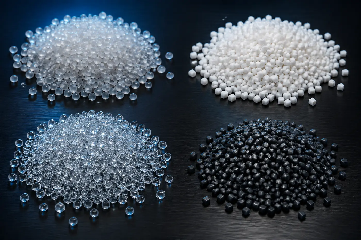 Muestras de pellets LDPE, HDPE, LLDPE y polipropileno